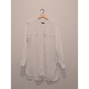 M&S Collection White Linen Band Collar Longline Tunic Button Down Shirt